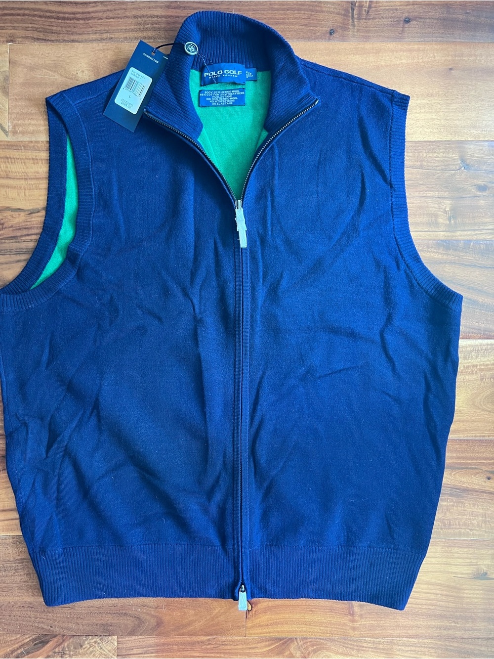 Polo Golf by Ralph Lauren Navy Zip-Up Sleeveless Vest with Green Lining